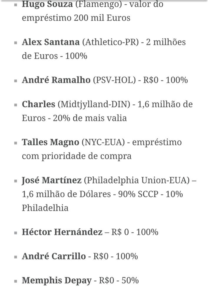 Lista de jogadores contratados pelo Corinthians na segunda janela de transferências de 2024: 

Hugo Souza (Flamengo) - valor do empréstimo 200 mil Euros
• Alex Santana (Athletico-PR) - 2 milhões de Euros - 100%
• André Ramalho (PSV-HOL) - R$0 - 100%
• Charles (Midtjylland-DIN) - 1,6 milhão de Euros - 20% de mais valia
- Talles Magno (NYC-EUA) - empréstimo com prioridade de compra
- José Martínez (Philadelphia Union-EUA) - 1,6 milhão de Dólares - 90% SCCP - 10%
Philadelhia
• Héctor Hernández - R$ 0 - 100%
• André Carrillo - R$0 - 100%
• Memphis Depay - R$0 - 50%