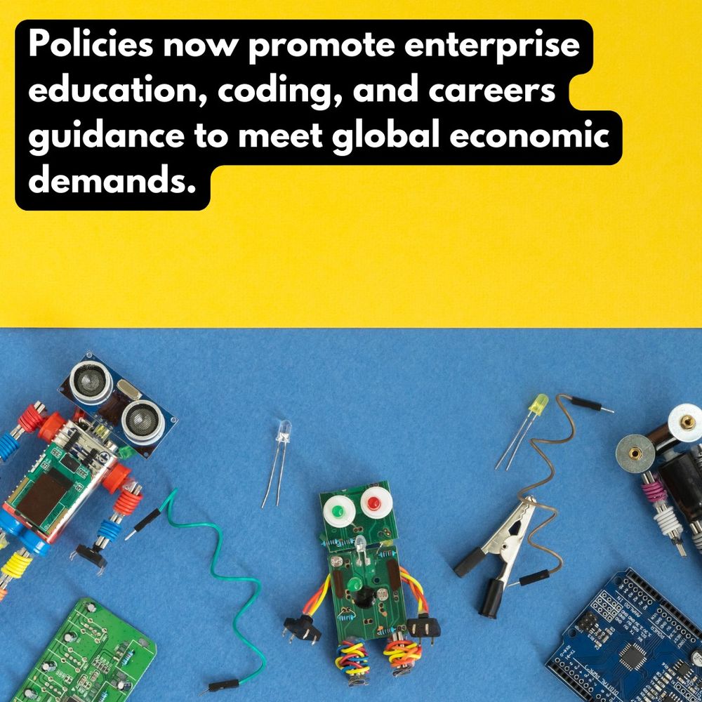 3 coding robots of a blue background with some tools. Caption reads: Policies now promote enterprise education, coding, and careers guidance to meet global economic demands.