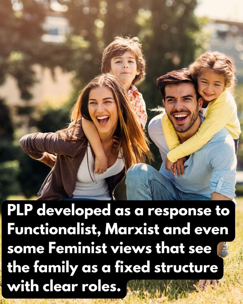 Family in a field with caption PLP developed as a response to Functionalist, Marxist and even some Feminist views that see the family as a fixed structure with clear roles.