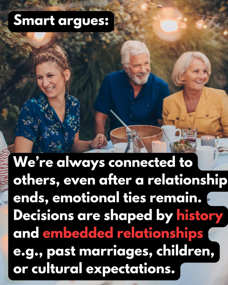 Outdoor family meal with caption: Smart argues: We’re always connected to others, even after a relationship ends, emotional ties remain. Decisions are shaped by history and embedded relationships e.g., past marriages, children, or cultural expectations.
