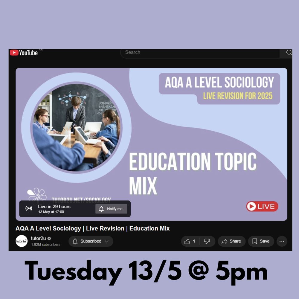 Screenshot of tutor2u education topic mix livestream callout - capition reads tuesday 13/5 at 5pm. 