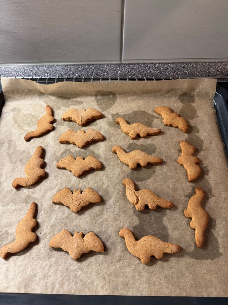 Gingerbread cookies in brontosaurus and batman sign shape