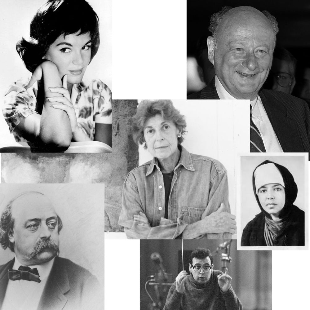 a collage of photographs: Connie Francis, Ed Koch, Helen Frankenthaler, Tsegué-Maryam Guèbrou, Philip Ledger, & lurking in the corner like a creeper, Gustave Flaubert.