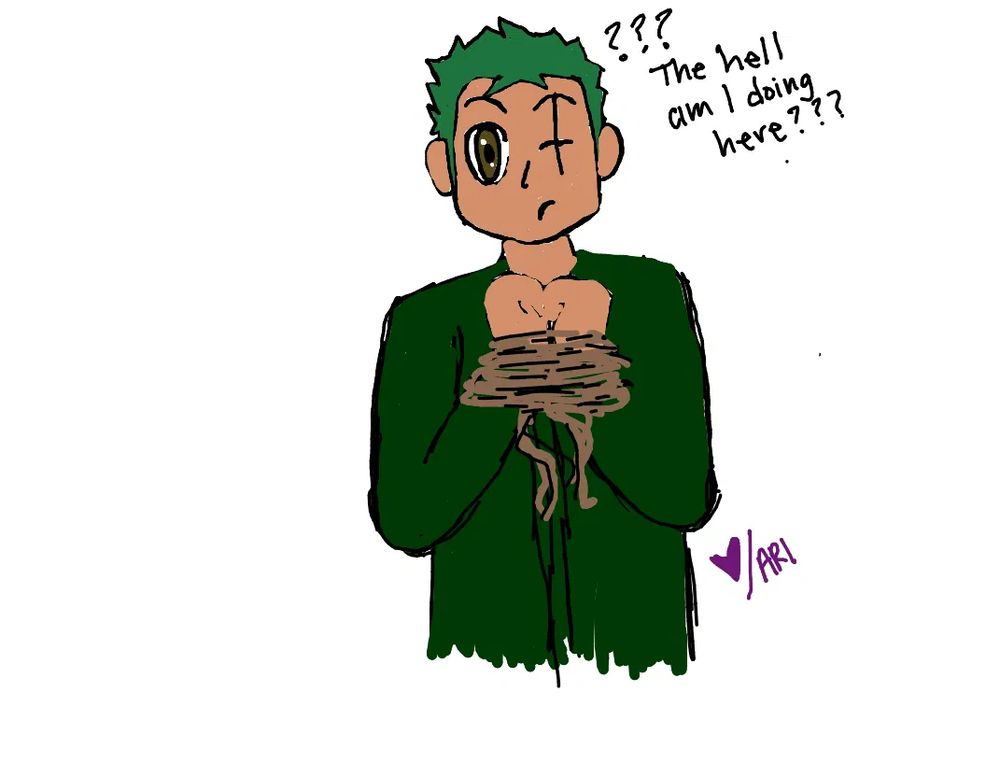 straw.page doodle from ari, drawing of post-timeskip zoro standing with his wrists bound in rope, clutched to his chest as he frowns in confusion. text beside his head says "??? The hell am I doing here???"