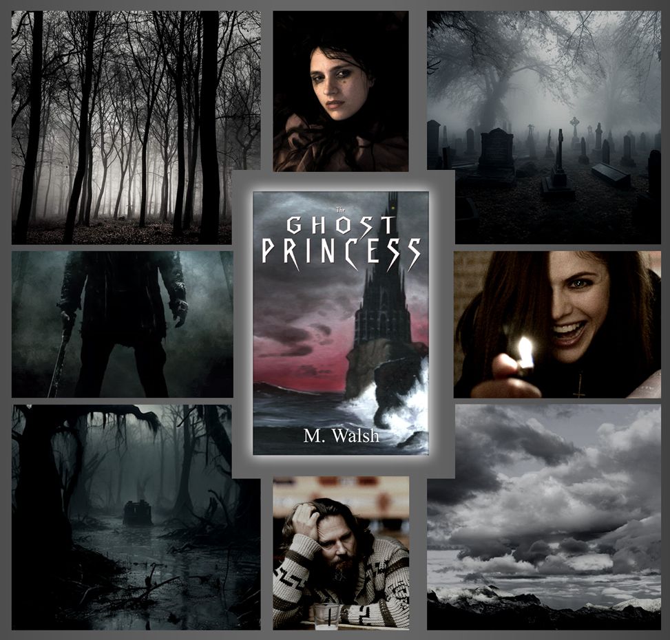 Mood board for "The Ghost Princess," the first novel of the fantasy series GRAYLANDS.

TOP ROW:
- a moody forest
- a woman, played by Nell Tiger Free in THE FIRST OMEN, is in bed with a hangover and looks haggard
- a bleak, grim graveyard

MIDDLE ROW:
- a man armed with a large blade stands in the shadows of a forest
- cover for "The Ghost Princess," depicting a black tower on the edge of a cliff by a dark sea and stormy skies with a red horizon
- a woman, played by Alexandra Daddario in WE SUMMON THE DARKNESS, grins maniacally while holding a lit lighter

BOTTOM ROW:
- a dark and ugly swamp
- a man, played by Jeff Bridges in THE BIG LEBOWSKI, leans on a bar, looking morose
- a dim, overcast sky over mountains