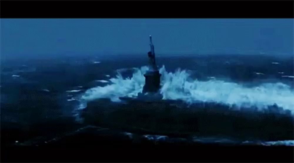 the statue of liberty is in the middle of a storm with lightning