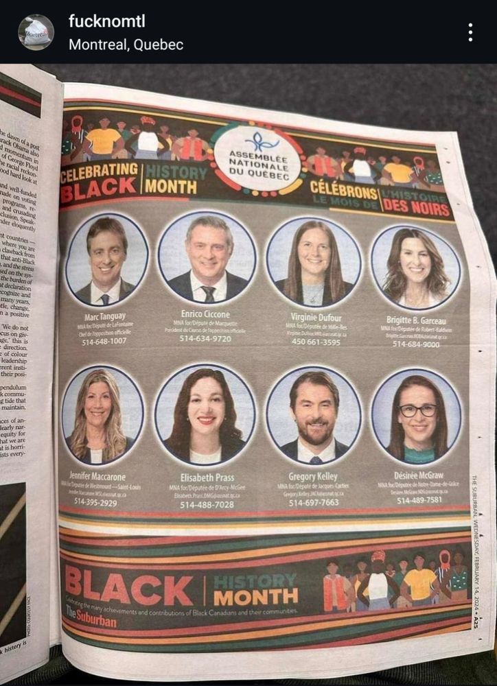 Newspaper page. Full page shot for Black history month at Quebec National Assembly featuring 8 white MPs