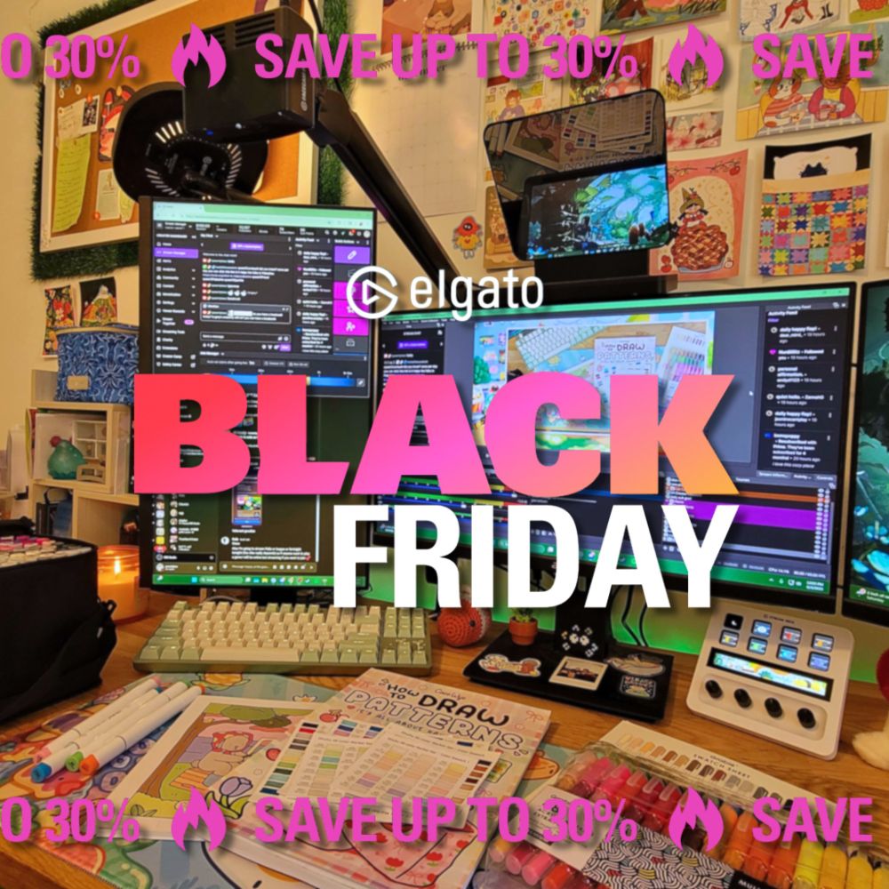 an image of my stream setup which includes a vertical and horizontal monitor, an elgato facecam, elgato prompter, elgato light, and elgato stream deck+. you can also see my craft supplies on my desk and the art on my walls. overlayed on top of it is a graphic that's pink and white that says "elgato black friday save up to 30%"