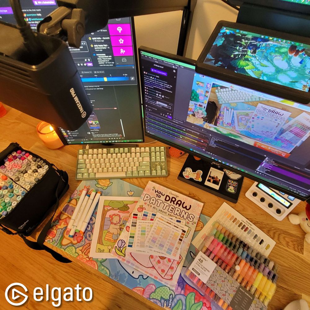 an overhead shot of my desk showing off my monitors, webcam on amount that says @elgato facecam pro which is aimed at a bunch of crafting supplies (coloring books, markers, etc)