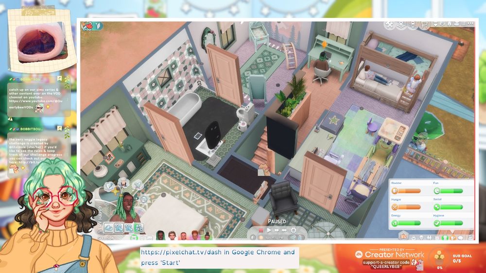 pastel background art not seen much behind chat bubbles, captions, ea creator network, daily sub goal and cat cam. the main things shown are my pngtuber smiling int he lefthand corner and a screenshot of the sims showing off my green and purple very veggie house from a downward facing view. 