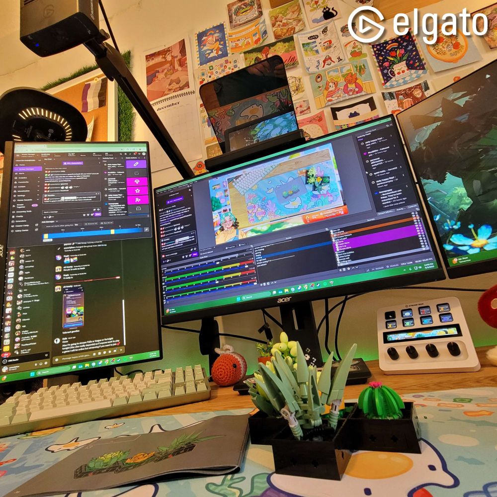 a shot of my desk from below showing off legos on my desk, my elgato facecam propped up on a mount aimed down showing my legos on my stream in OBS on the screen behind. the elgato logo is included on both graphics on this post.