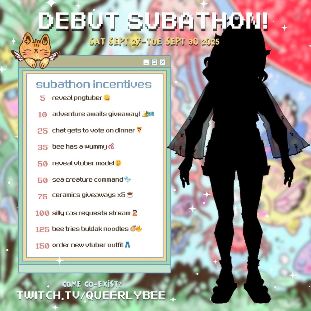 a blurred sea themed background art with a blacked out outline of my vtuber model. it says debut subathon sept  27-sept 30! the incentives listed are to reveal the pngtuber, adventure awaits sims giveaway, chat votes on dinner, bee has a wummy, reveal 2d vtuber model, sea creature command, ceramics giveaways, silly cas requests stream, bee tries buldak noodles, order new vtuber outfit. this will be hosted on twitch.tv/queerlybee