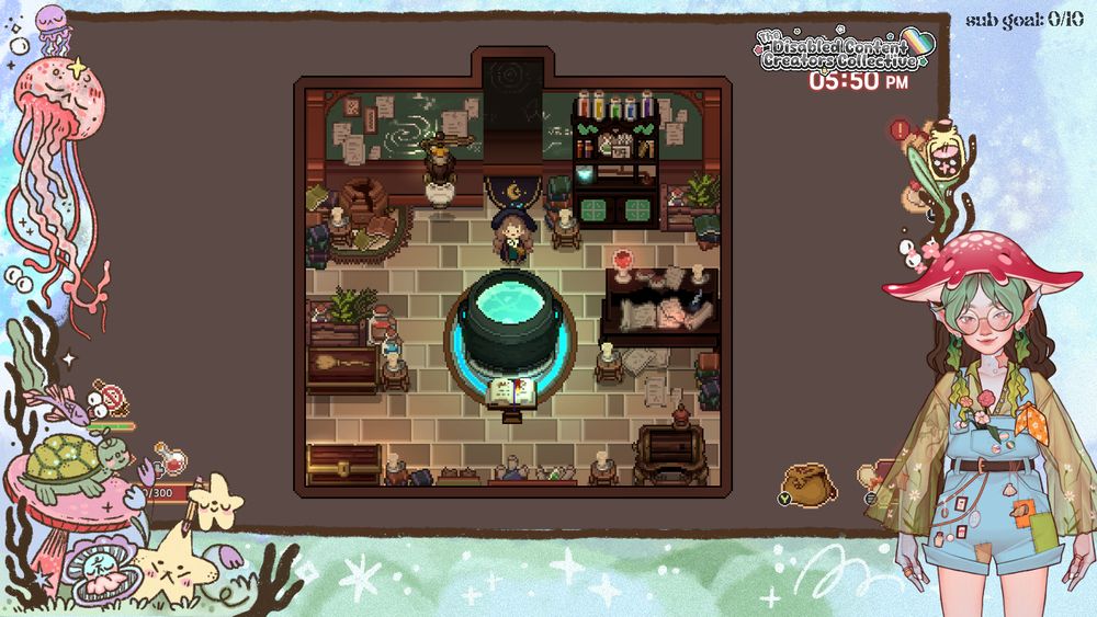 screenshot of my obs showing off my sea themed gaming scene and vtuber in the right corner. the main thing shown is little witch in the woods showing ellie, the main witch character in her work room near her cauldron.