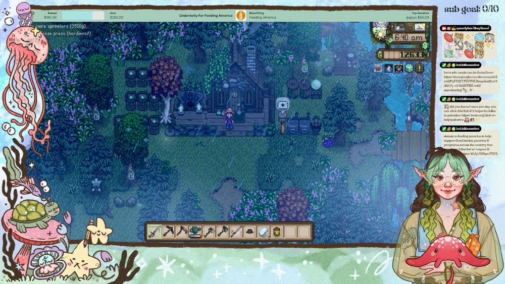 sea themed stream overlay with captions, chat bubbles and sub goal shown as well as a charity bar showing that we have raised $180 for feeding america. there's also my pngtuber in the righthand corner who is a sea elf with seaweed hair and is holding a red stingray named enoki. the main game shown is stardew valley heavily modded on a foggy day on the swampy farm.