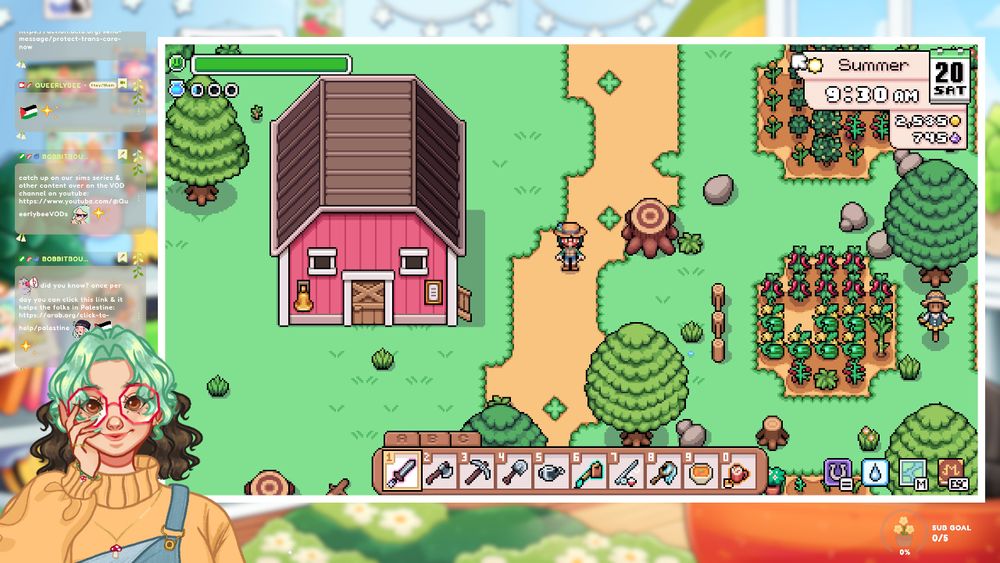 blurred pastel background art not seen much behind chat bubbles, captions and sub goal tracker. the main things shown are my pngtuber smiling in the lefthand corner and a screenshot of the game fields of mistria with my character that has green wavy hair, a light brown farmers hat standing in a field with trees, plants and a pinkish red barn,