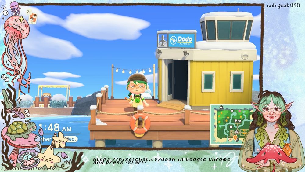 sea themed obs setup with my sea elf vtuber in the corner holding their companion, a red stingray named enoki. there's also captions and chat bubbles, but the main thing shown is my character in animal crossing who is standing by the yellow airport. they have green hair, a brown beanie, and a green froggie tshirt.