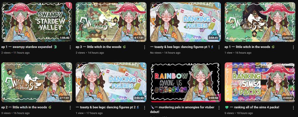  a screenshot of my vod channel showing off new thumbnails that feature a wiggly white line around the outer edge in all and different expressions from my new vtuber model. there's a range of content shown like among us, ranking sims packs, building legos, little witch in the woods and swampy stardew valley.