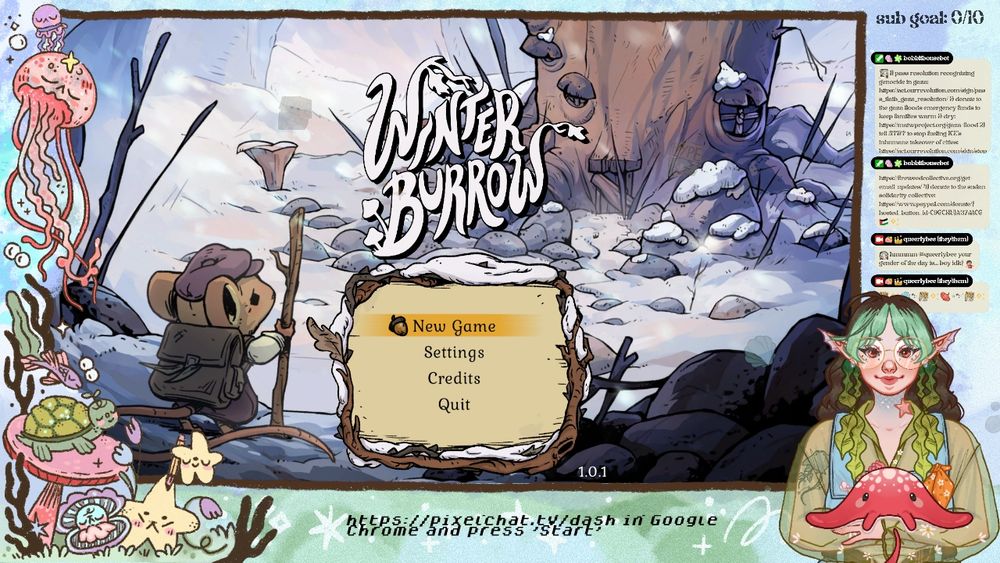 sea themed OBS stream setup with my sea elf vtuber in the corner holding their red stingray companion, enoki. there's also captions, chat bubbles and a sub goal shown. the main feature is the loading screen of winter burrow which features a small mouse with a walking stick in a winter scene with the menu options of new game, settings, credits and quit.