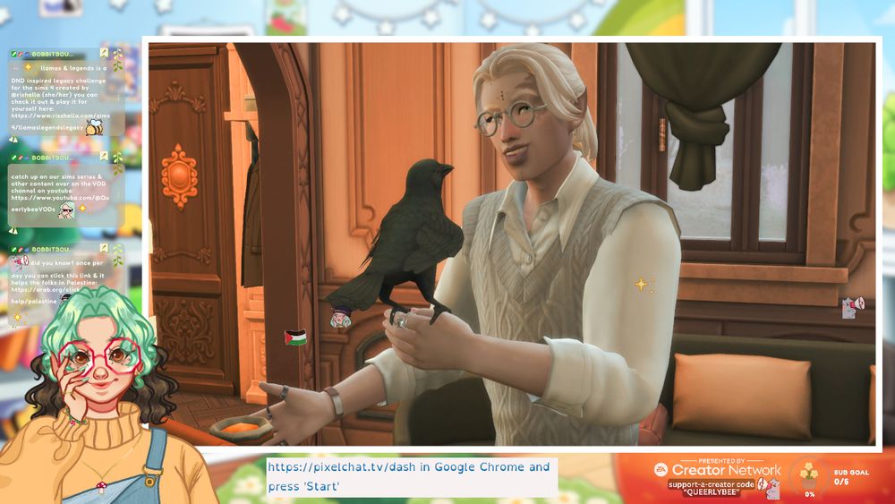 pastel background art not seen much behind chat bubbles, captions, ea creator network logo, and sub goal tracker. the main thing shown is my pngtuber smiling in the lefthand corner and a screenshot of the sims of a masculine sim with pale, almost purple-y skin, white hair, a birthmark and runes on his face, silver glasses and a grey sweatervest over a white button up holding a black crow talking to it.