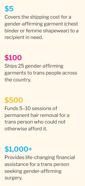 $5
Covers the shipping cost for a gender-affirming garment (chest binder or femme shapewear) to a recipient in need.
$100
Ships 25 gender-affirming garments to trans people across
the country.
$500
Funds 5-10 sessions of permanent hair removal for a trans person who could not otherwise afford it.
$1,000+
Provides life-changing financial
assistance for a trans person
seeking gender-affirming
surgery.