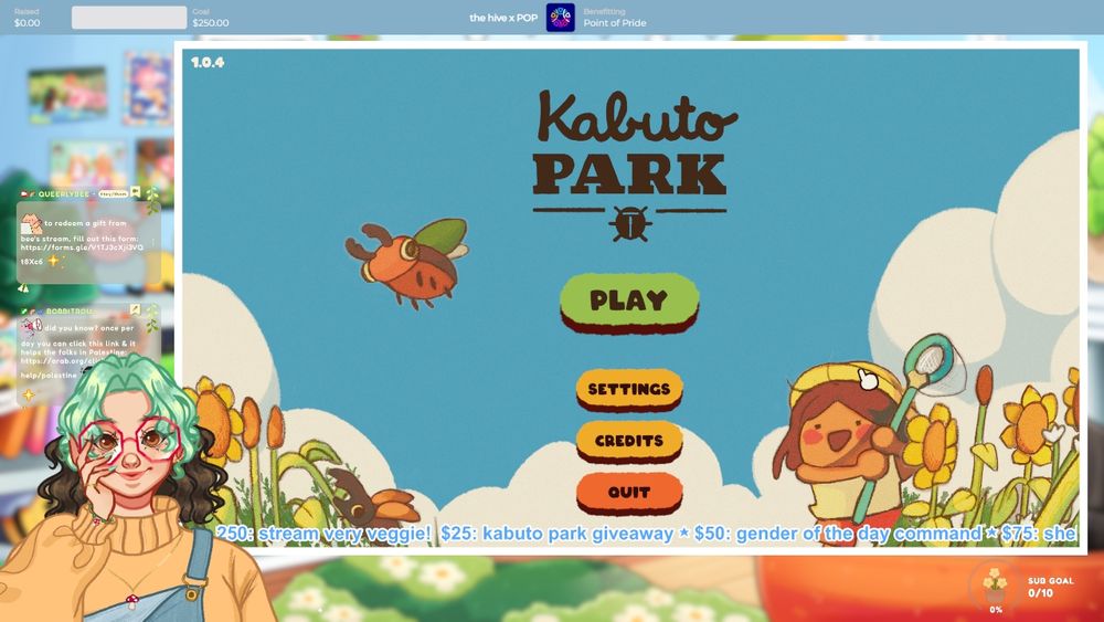 a colorful blurred background you cant see much behind the chat bubbles, charity bar, daily sub goal, captions etc. the main thing shown is my pngtuber smiling in the lefthand corner and the loading screen of kabuto park which has a little cartoon girl with a bug net trying to catch a bug flying across the screen