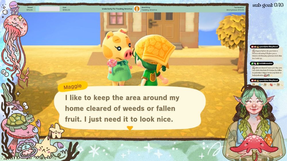 sea themed obs stream setup with my sea elf themed vtuber model holding their red stingray companion, enoki and smiling with their eyes closed. there's also chat bubbles, captions and a sub goal. the main thing shown is a screengrab of animal crossing new horizons of maggie the orange cow saying "i like to keep the area around my home cleared of weeds or fallen fruit. i just need it to look nice" while holding a lollypop in front of my character. there's also a tiltify feeding america logo.