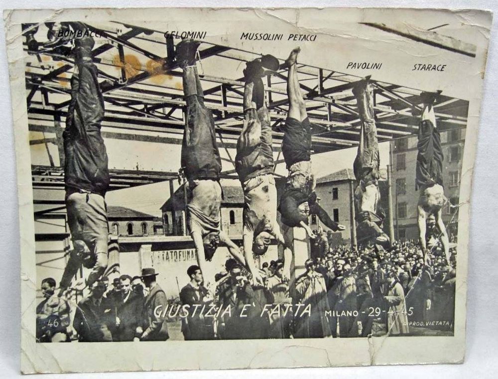 Photo of Mussolini and other Italian fascists hanging upside down after deaths in WW2