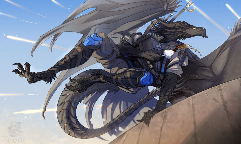 A black anthro dragon jumping over a concrete wall. His legs move forward (left side of composition), his left hand is the point of contact to the wall, and his right hand holds a teacup which is spilling tea. He is winged. There are trails of bullets behind him, implying he is running away from an ambush.