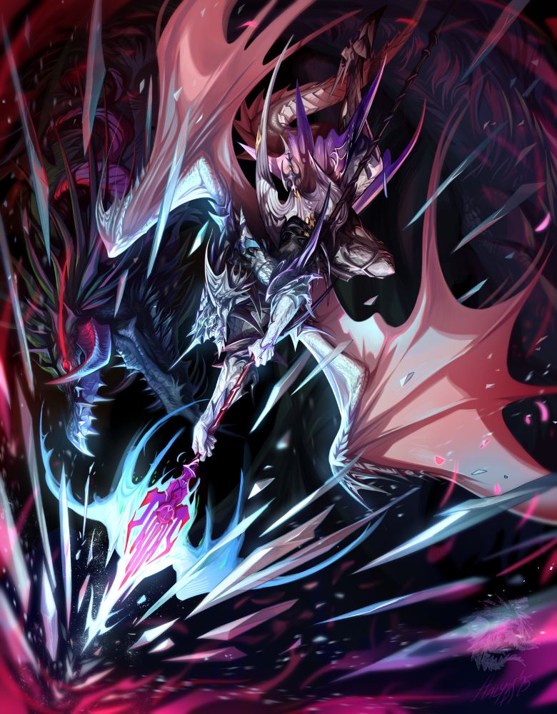 A colorful, digital illustration piece showcasing a silver anthro dragon in an intricate armour. He is wielding a spear, of which the tip changes into a blue dragon, and the character himself has wings spread wide across the composition. The weapon shatters ice particles and pink glow from the bottom left of the piece. In the background, there is a green dragon slithering from the darkness behind, as if empowering the armored character's attack.