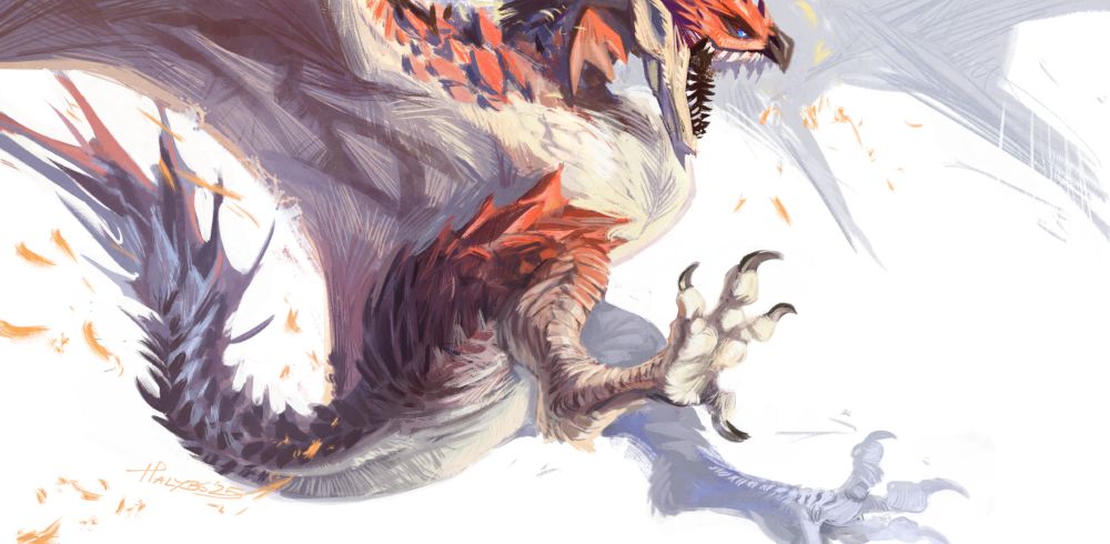 A monster hunter character rathalos, painted digitally. He is leaping out of the frame, most of the piece taken by his legs and tail. Limbs that are further away are in shades of blue. There are tiny fire sparks jittering around the composition. The background is white.