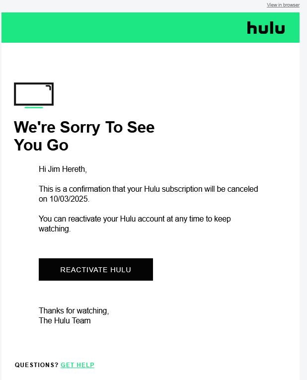 Hulu Cancellation Confirmation