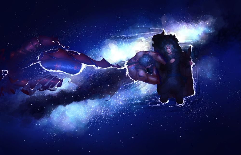 Soren is laying on his back on a small raft, while merman Ike is pushing him through the water. Reflected in the sea is a night sky with many stars