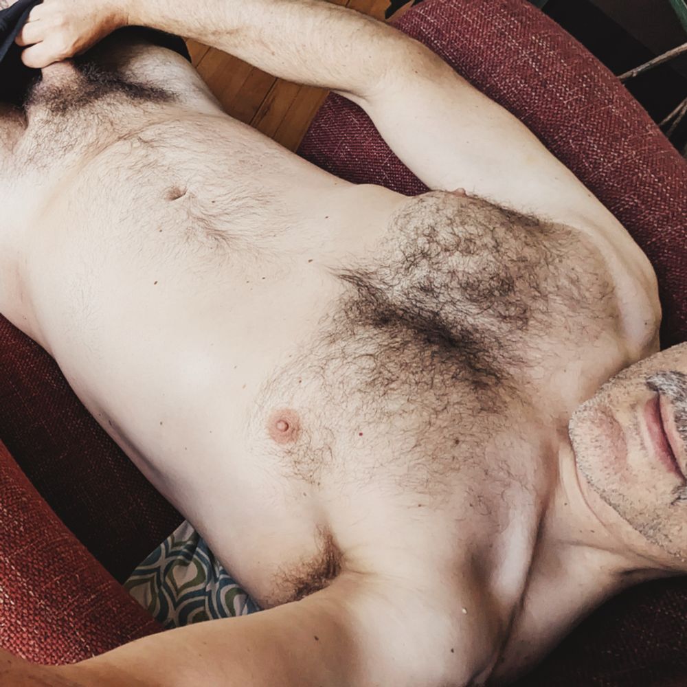 A shot of my hairy torso, the top of my cock exposed.