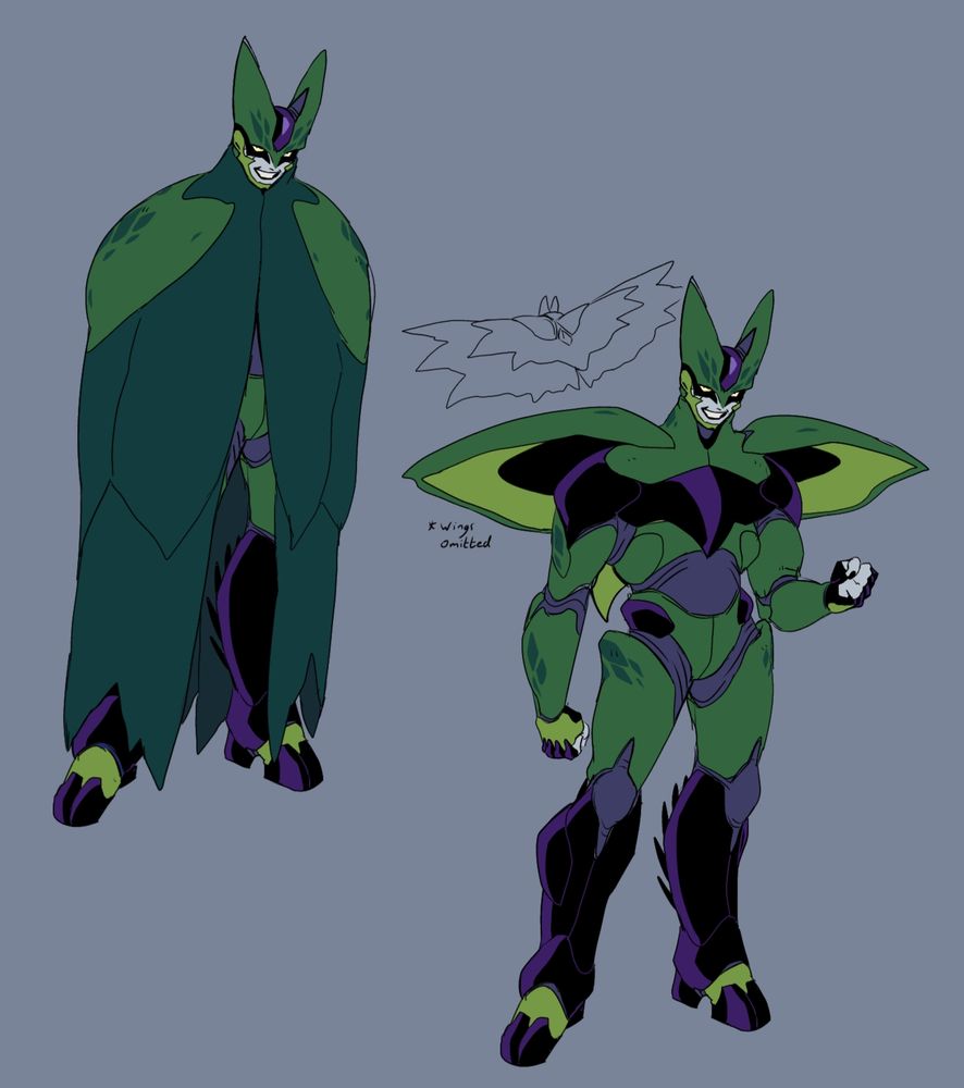 A redesign of Perfect Cell from Dragonball. He has large cloak-like wings that drape over his body, under wide shoulder plates. His eyes are heavily outlined in black and his jawstrap is more chitinous. His feet resemble three claws (two at the front, one at the back) forced into the shape of heeled shoes. 