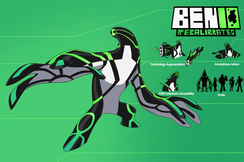 A redesign of Upgrade from Ben 10. A vaguely humanoid blob with a long neck and no distinct head, but an hourglass symbol in a circle on the end acting as an eye. It is black with a white underbelly and various green lines on the black parts, mirrored by black lines on the white. Its hands are extremely large. 