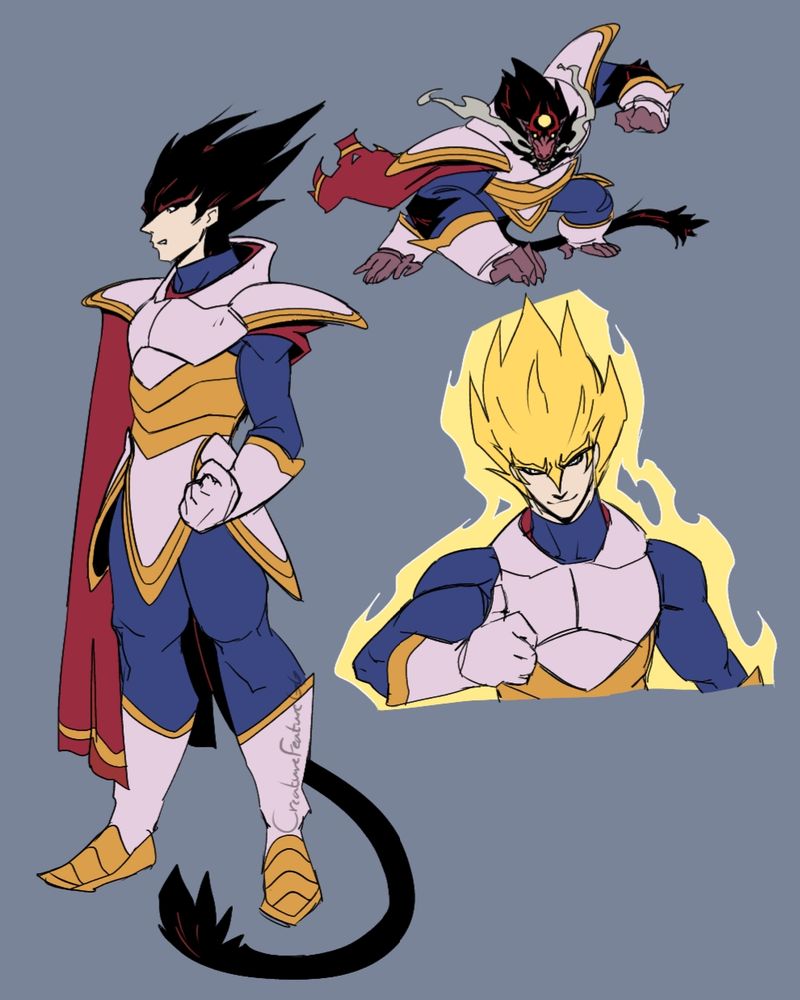 A redesign of Vegeta from Dragonball. He has a red cape over one arm, hanging below his shoulder pad. His hair reaches to the end of his nose and his tail ends in a lion-like spiky burst. His armour has a pointed collar. His great ape form is featured in the upper right and super saiyan below that.