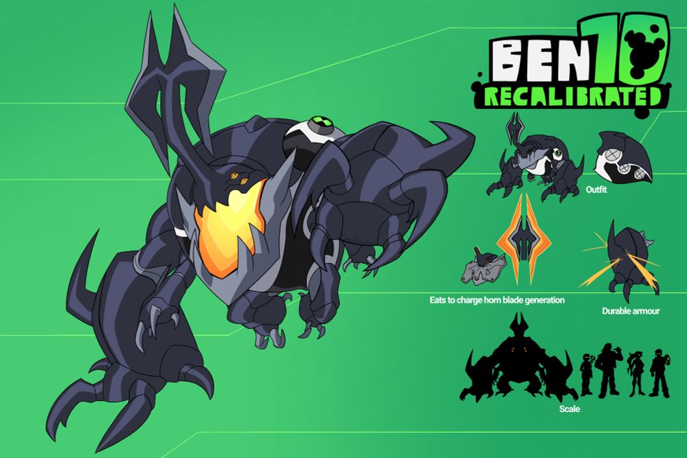 A redesign of Eatle from Ben 10, with a logo saying Ben 10 Recalibrated in the top right.
Eatle is a large insectoid alien with a massive jaw and an axe shaped horn