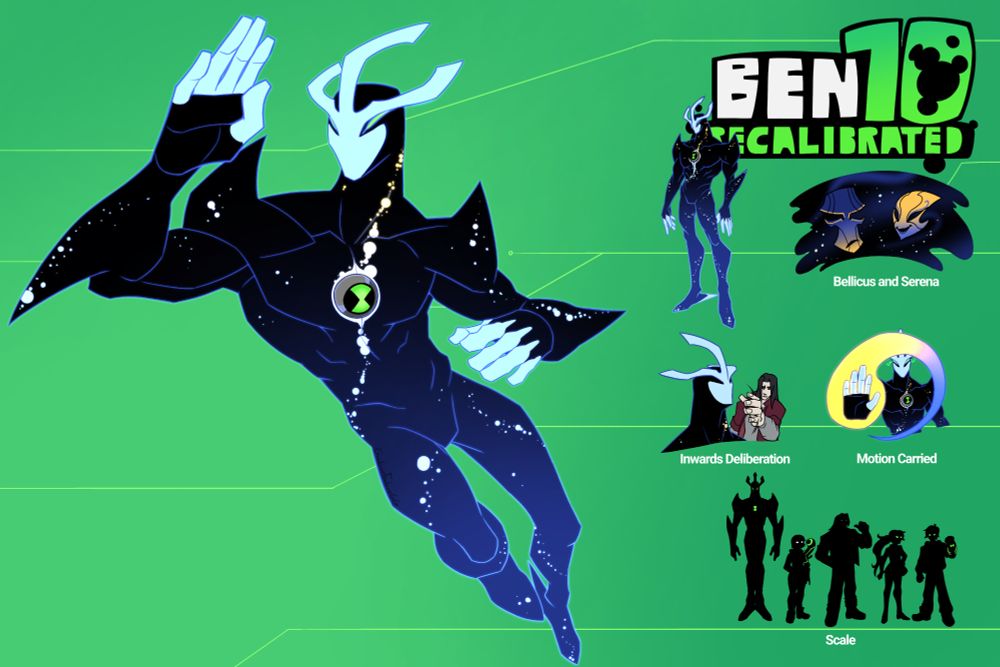 A redesign of alien X from Ben 10. A humanoid figure with spikes on his shoulders, elbows and heels, black with a blue gradient from below and stars dotting his body, getting more yellow as they get higher. He has three horns that sweep back from a 'mask'pattern of light blue on his face, and his fingers are this same light shade. The omnitrix is located on his chest and is surrounded by a string of stars.