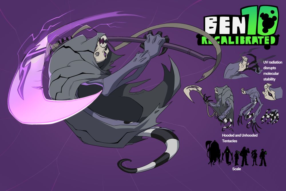 A redesign of Zs'Skayr from Ben 10. A hunched humanoid upper body with an upside down, one eyed skull for a head and a striped tentacle tail instead of legs. He wears his discarded outer skin as a reaper's cloak and wields a scythe wrapped in bandages. He has large claws and forearms that have holes like a human skeleton. 