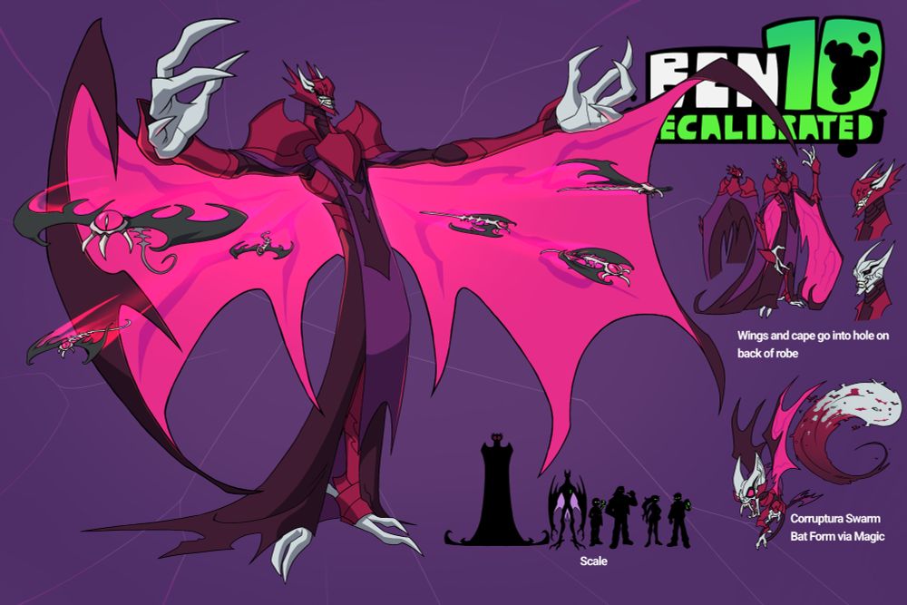 A redesign of Lord Transyl from Ben 10. A tall, lanky vampiric alien wearing red plate armour with pointed shoulder plates and a visored helmet. His wings attach to his arms directly and he wears a robe on his lower half, his legs still visible in the gap between the back and front parts.