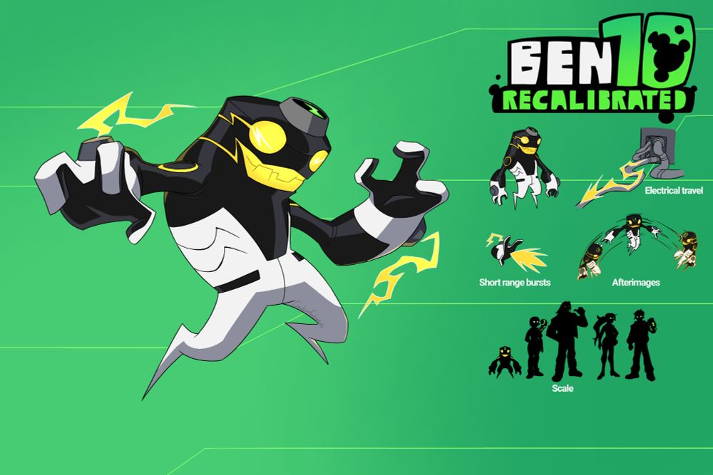 A redesign of Buzzshock from Ben 10. He has a vaguely battery shaped body with lightning bolt shaped legs that end in a point, arms with large forearms and three digits on his hands. The omnitrix badge is on the top of his head, near the front. His eyes are large and round, with white lightning bolt pupils and more bolts extending from the eye around his head, mirrored at the corners of his mouth. He has metallic bolts on his wrists