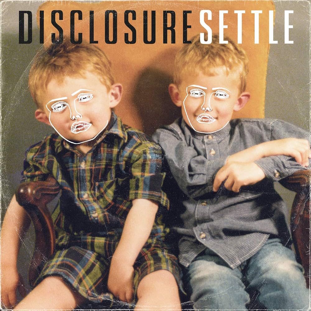Disclosure - Settle album cover. Two kids sit on the same chair with the Disclosure face logo edited over their faces.