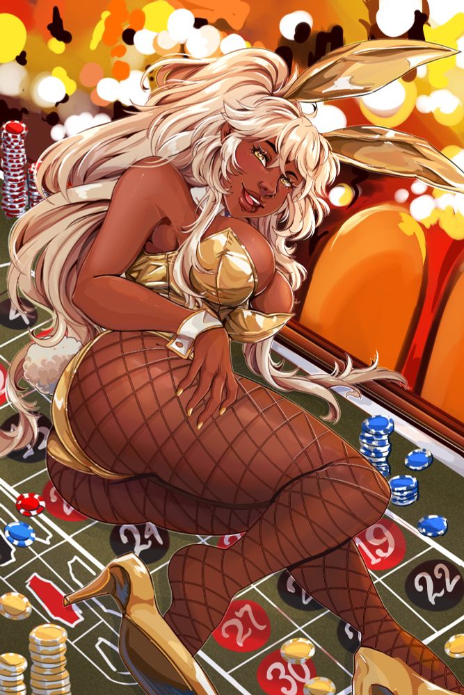 A black woman laying across a casino table, wearing fishnets and a skimpy golden bunny suit, with matching heels and ears. Her white hair is in a thick, high ponytail, and she looks expectantly at the viewer.