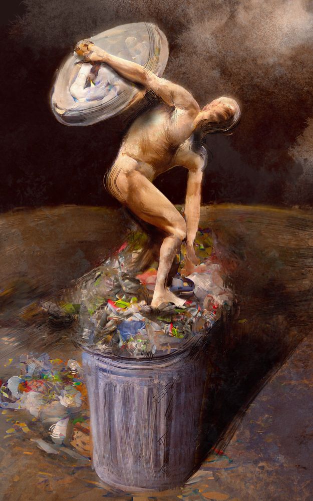 a digital painting depicting the famous "Discobolus" sculpture but standing on a trash can located on a landfill and in his hand, instead of a disc, there is a trash can lid!