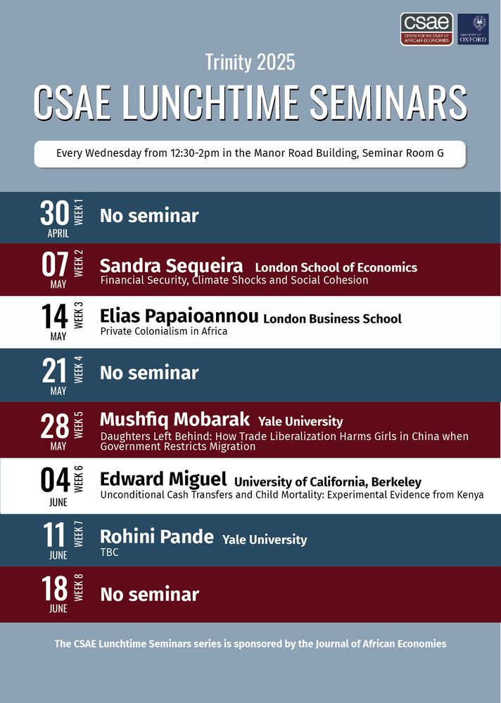 CSAE Lunchtime Seminars Trinity 2025 poster. Listing all speakers with red, blue and white stripes.