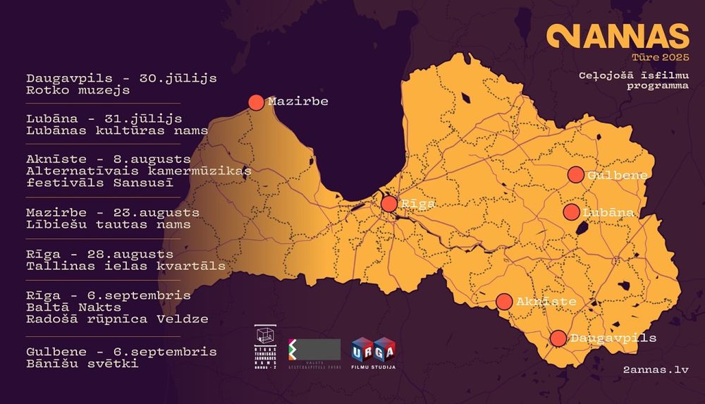 Latvijas karte ar iekrāsotām pilsētām, kur noskatāma festivāla 2ANNAS ceļojošā īsfilmu programma "Īsais latvietis #2".