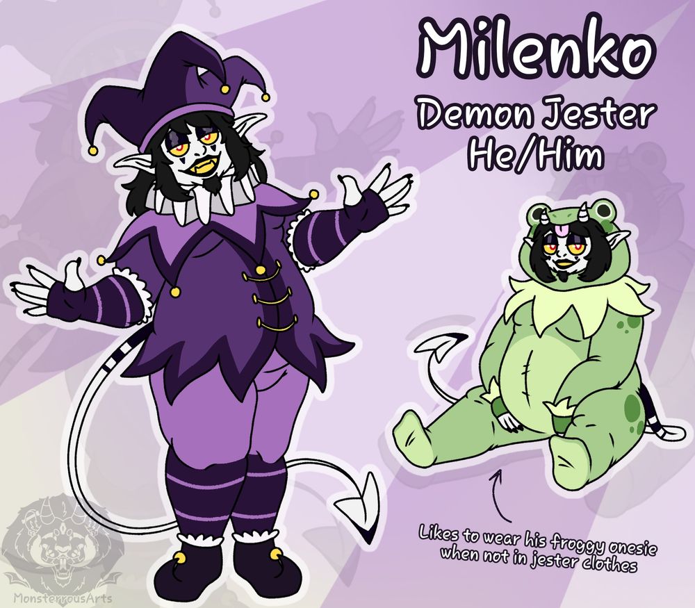 An image of one of my ocs, another demonic jester. He's fat and wears a purple jester outfit. To the side is another image of him sitting down, now wearing a green froggy onesie. 