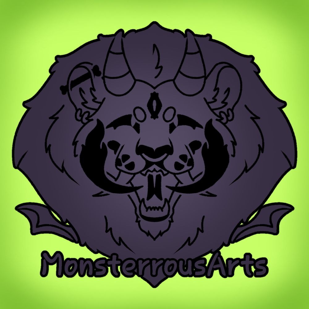 A logo of my sona Phorrest's head facing the viewer, his mouth open in a slightly evil smile with flames shooting out the sides. My username (MonsterrousArts) is at the bottom.