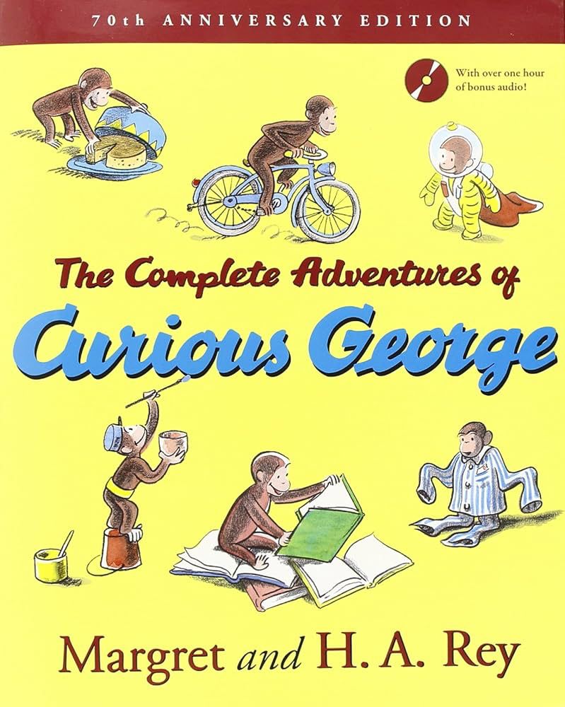 The cover of The Complete Adventures of Curious George. Showing George in different scenes being curious. 