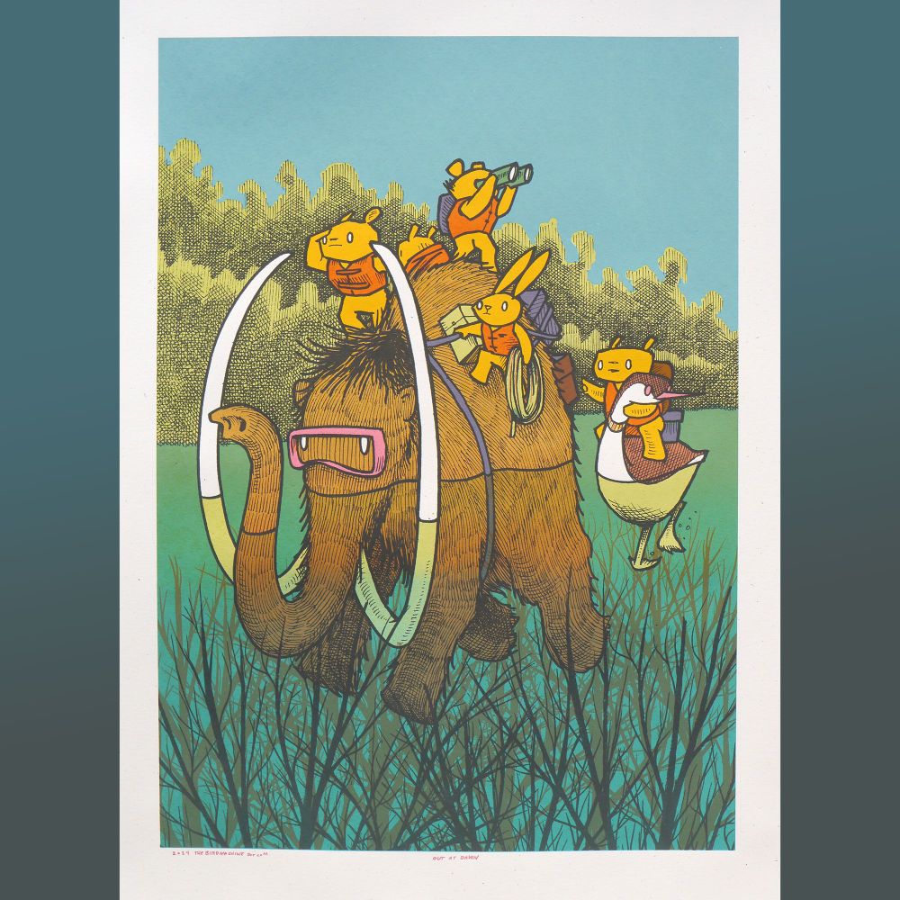 Five small mammals in life vests and carrying rescue gear ride a swimming woolly mammoth and a grebe (bird) through calm green floodwaters, above submerged tree tops.